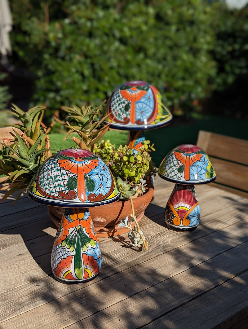 Pre-Order | Mushroom Garden Decor & Yard Art, Ships 9-25 | Ceramic Talavera Pottery, Unique Home Decor, 3 Toadstools Handmade in Mexico