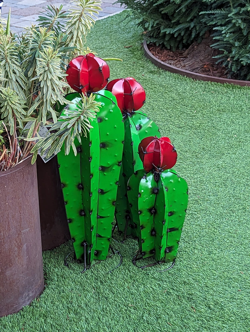 Cactus Family Garden Decor of 3 Cactus Decorations for Your Yard | Hand Painted Lifelike Metal Cactus, 17"-27" Mexican Yard Art