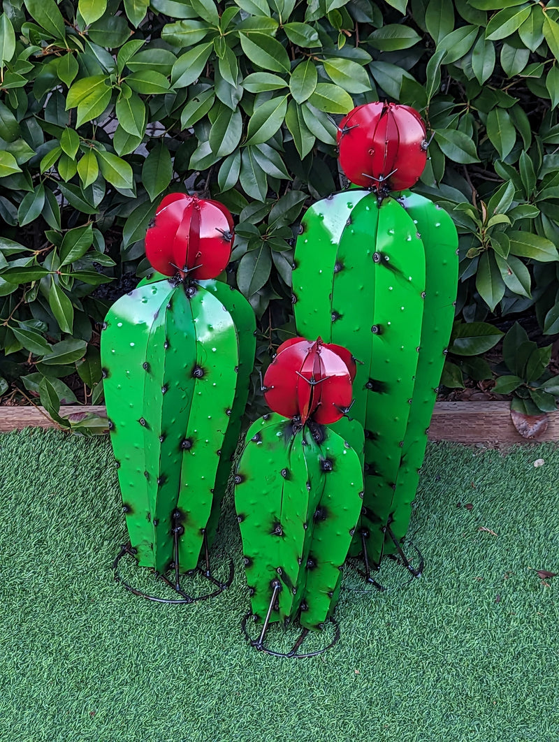 Cactus Family Garden Decor of 3 Cactus Decorations for Your Yard | Hand Painted Lifelike Metal Cactus, 17"-27" Mexican Yard Art