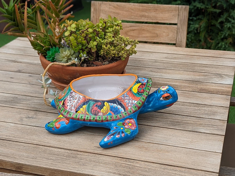 Talavera Turtle Planter, Handmade Mexican Pottery for Succulents or Flowers or Garden Decor, Ceramic Flower Pot for Outdoor or Home Decor