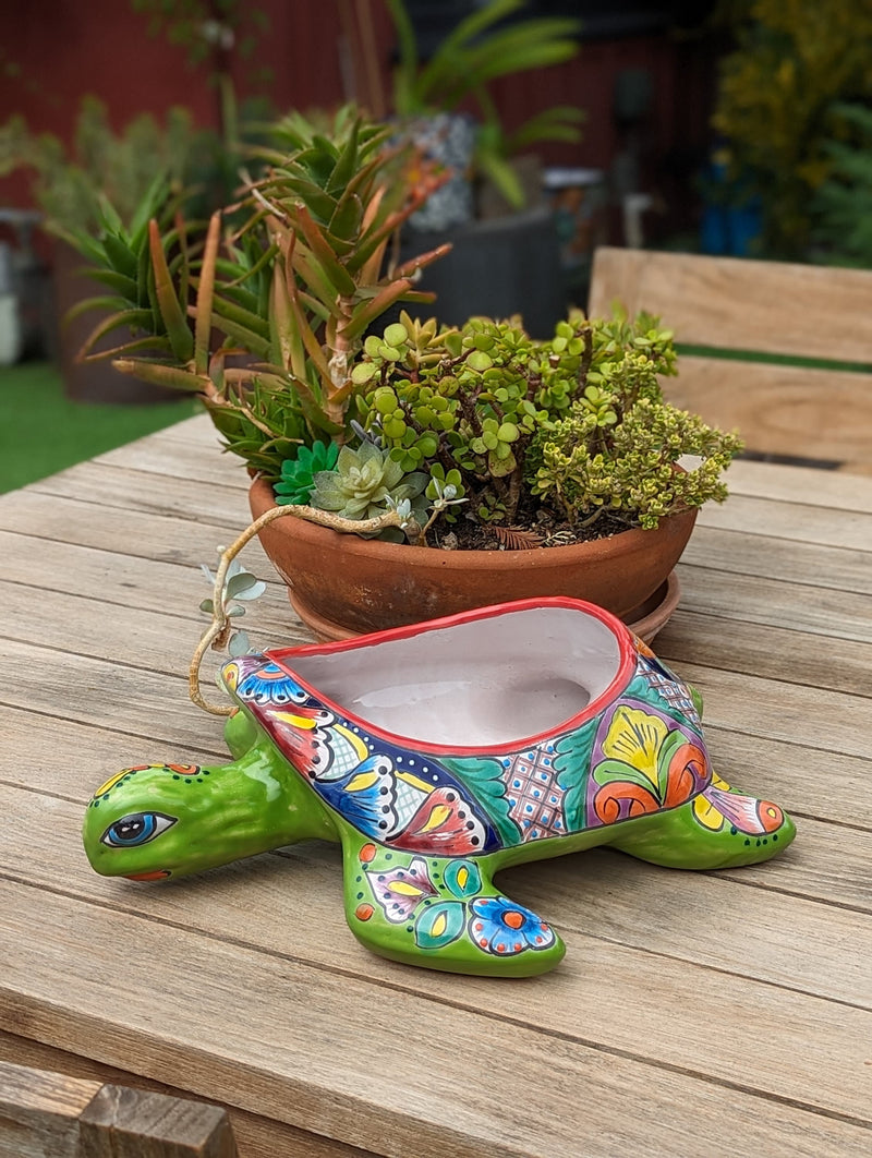 Talavera Turtle Planter, Handmade Mexican Pottery for Succulents or Flowers or Garden Decor, Ceramic Flower Pot for Outdoor or Home Decor