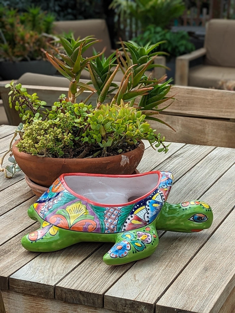 Talavera Turtle Planter, Handmade Mexican Pottery for Succulents or Flowers or Garden Decor, Ceramic Flower Pot for Outdoor or Home Decor