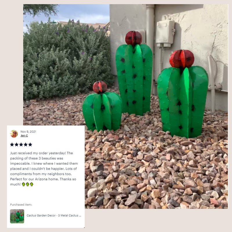 Cactus Family Garden Decor of 3 Cactus Decorations for Your Yard | Hand Painted Lifelike Metal Cactus, 17"-27" Mexican Yard Art