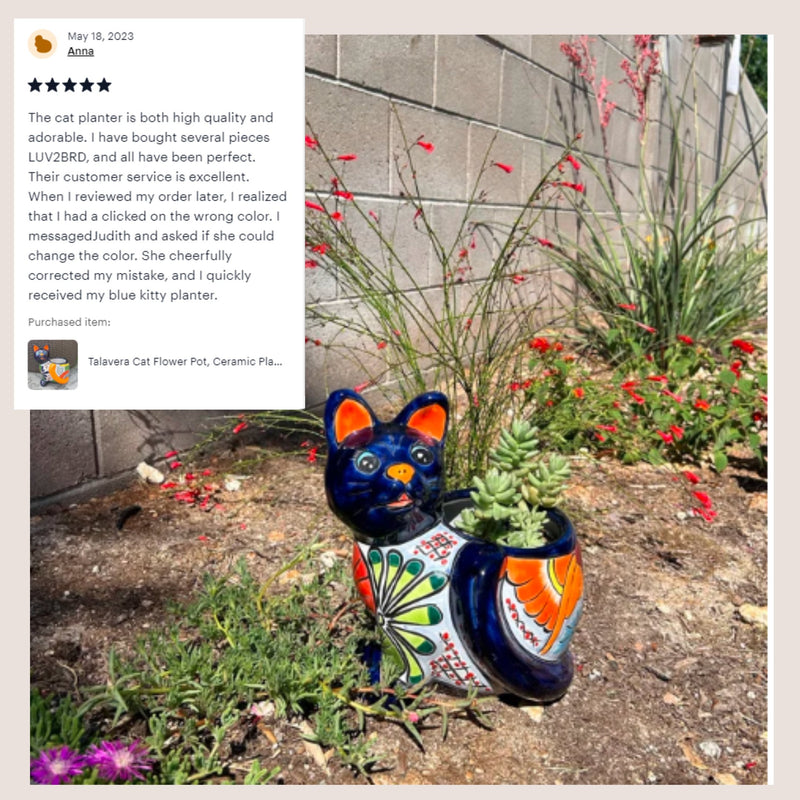 Talavera Cat Flower Pot, Ceramic Planter Home Decor is an Indoor or Outdoor Planter Pot | Yard & Garden Decor, Handmade Mexican Pottery