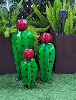 Cactus Family Garden Decor of 3 Cactus Decorations for Your Yard | Hand Painted Lifelike Metal Cactus, 17"-27" Mexican Yard Art