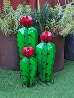 Cactus Family Garden Decor of 3 Cactus Decorations for Your Yard | Hand Painted Lifelike Metal Cactus, 17"-27" Mexican Yard Art