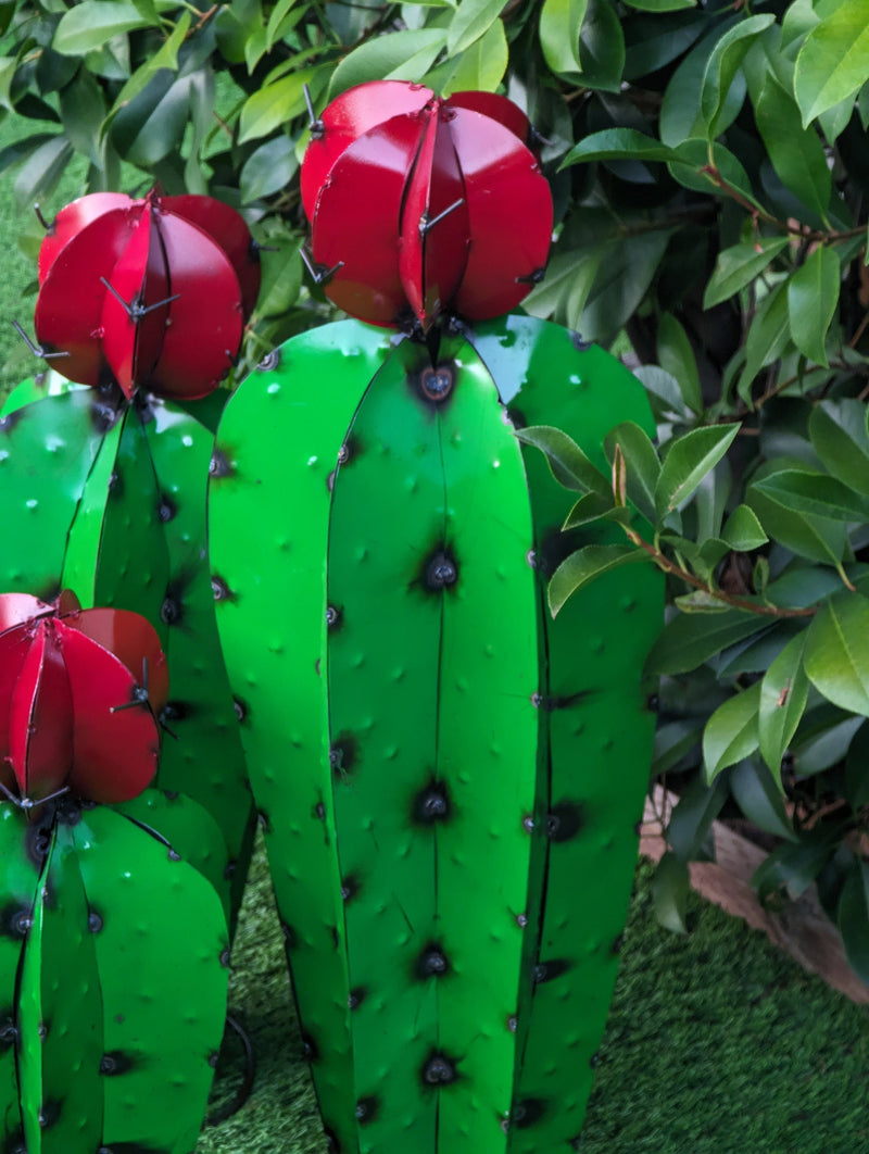 Cactus Family Garden Decor of 3 Cactus Decorations for Your Yard | Hand Painted Lifelike Metal Cactus, 17"-27" Mexican Yard Art