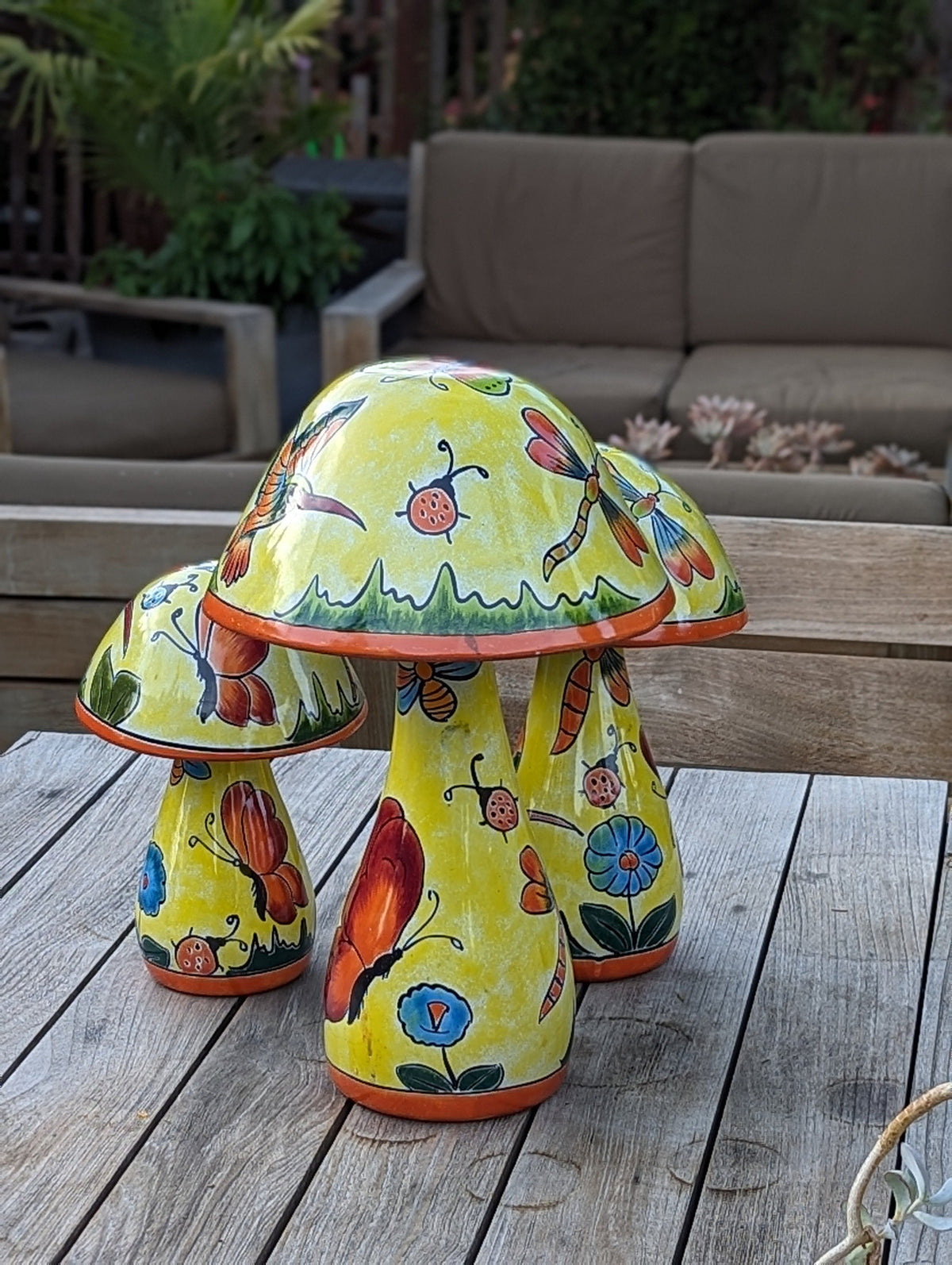 Pre-Order | Mushroom Garden Decor Yard Art is Ceramic Talavera Pottery Showcasing 3 Toadstools with Hummingbirds & Butterflies | Ships 3-25