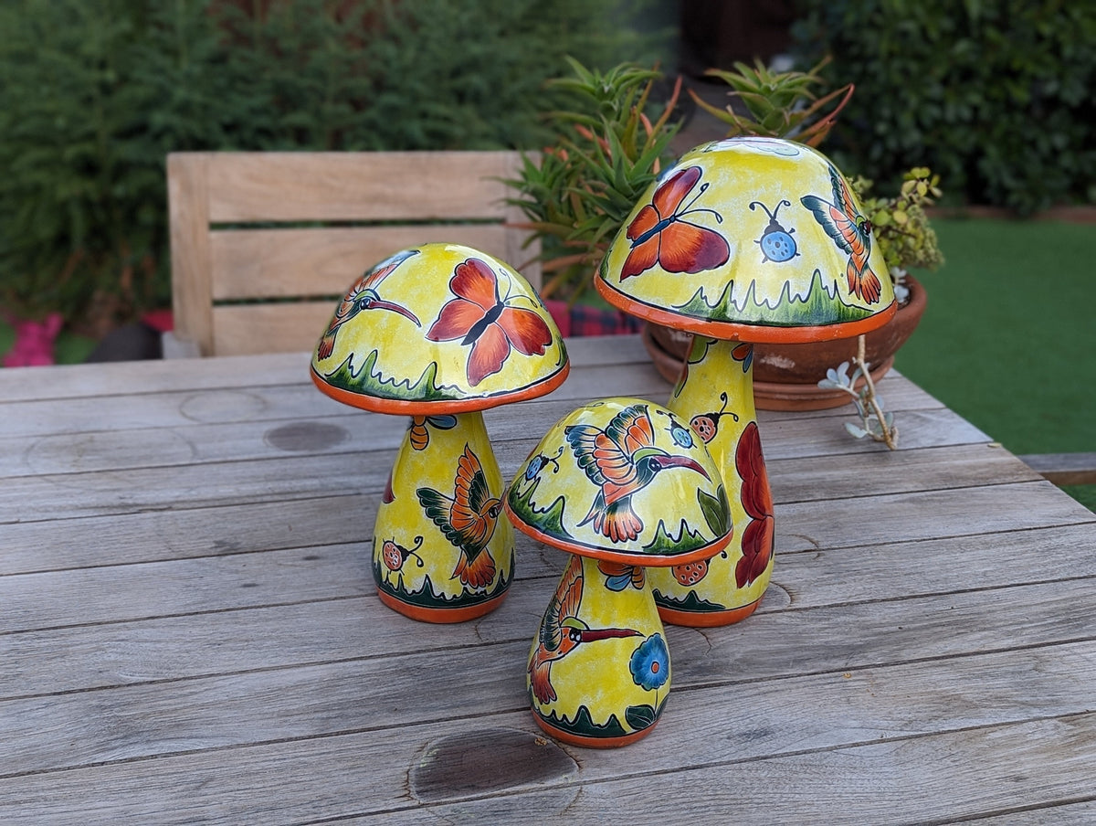 Pre-Order | Mushroom Garden Decor Yard Art is Ceramic Talavera Pottery Showcasing 3 Toadstools with Hummingbirds & Butterflies | Ships 3-25