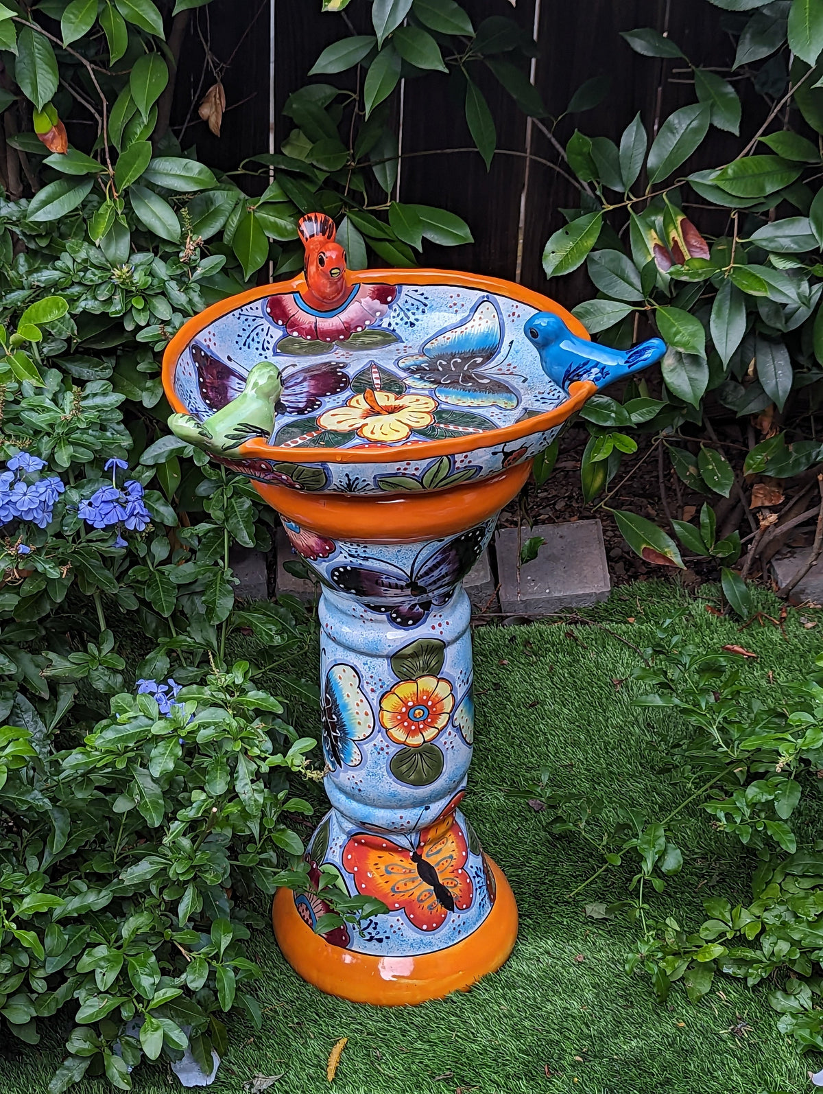 Bird Bath Garden Decor in Talavera Pottery  | Handmade Mexican Pedestal & Basin for Birds Doubles as Stunning Yard Art