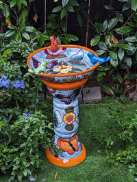Bird Bath Garden Decor in Talavera Pottery  | Handmade Mexican Pedestal & Basin for Birds Doubles as Stunning Yard Art