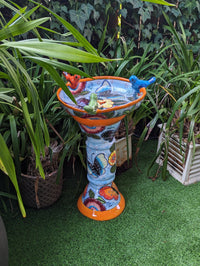 Bird Bath Garden Decor in Talavera Pottery  | Handmade Mexican Pedestal & Basin for Birds Doubles as Stunning Yard Art
