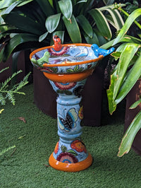 Bird Bath Garden Decor in Talavera Pottery  | Handmade Mexican Pedestal & Basin for Birds Doubles as Stunning Yard Art