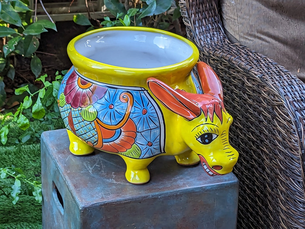 Talavera Donkey Planter is Hand Painted Ceramic Mexican Pottery | Colorful Planter Pot for Yard Art & Outdoor Garden Decor, Burro Flower Pot