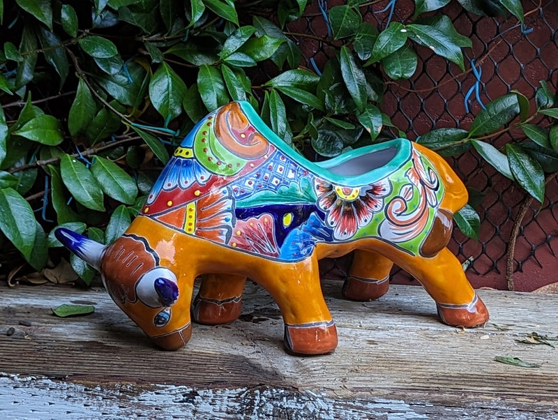 Talavera Bull Planter, Ceramic Mexican Planter Pot for Indoor Home Decor or Outdoor Garden Decor is also Exquisite Hand Painted Yard Art