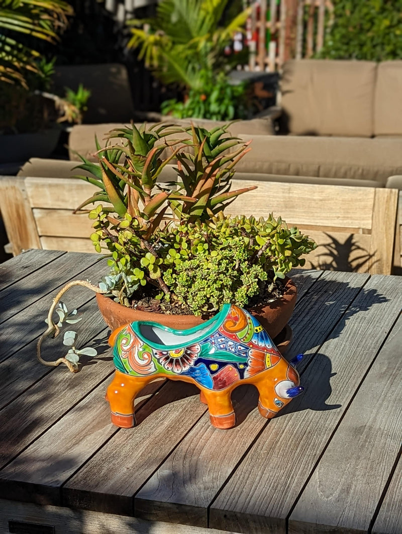 Talavera Bull Planter, Ceramic Mexican Planter Pot for Indoor Home Decor or Outdoor Garden Decor is also Exquisite Hand Painted Yard Art