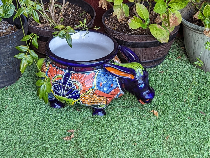 Talavera Donkey Planter is Hand Painted Ceramic Mexican Pottery | Colorful Planter Pot for Yard Art & Outdoor Garden Decor, Burro Flower Pot