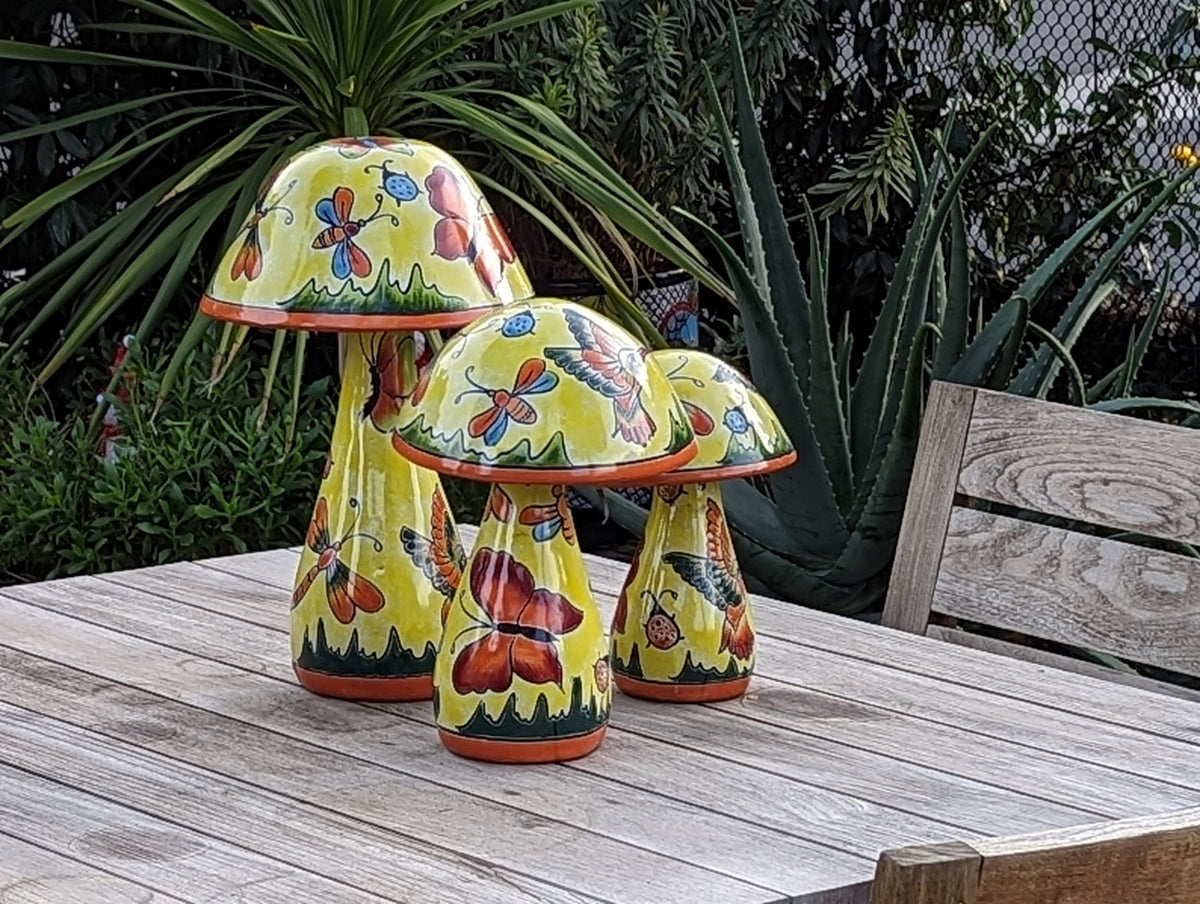 Pre-Order | Mushroom Garden Decor Yard Art is Ceramic Talavera Pottery Showcasing 3 Toadstools with Hummingbirds & Butterflies | Ships 3-25