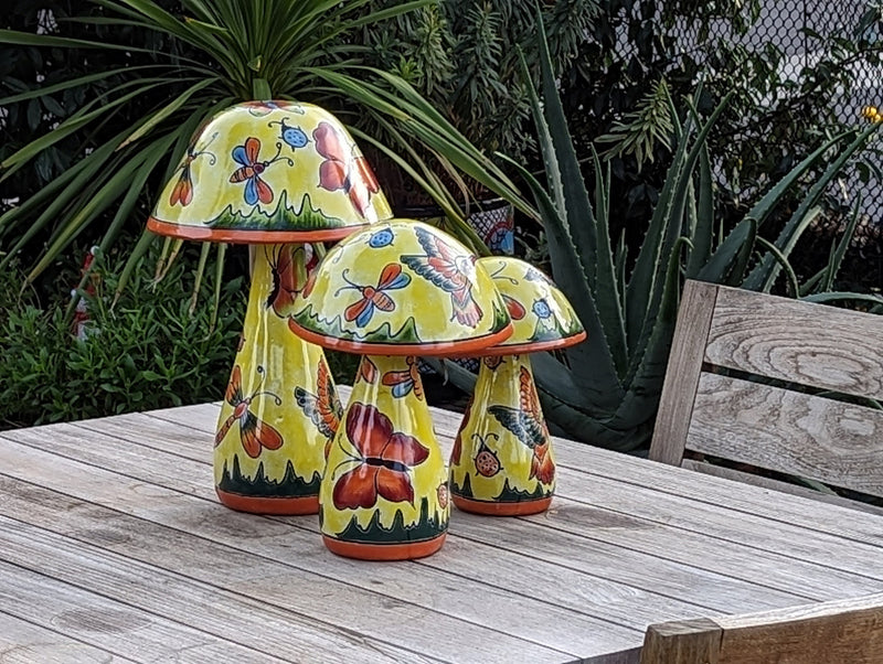 Pre-Order | Mushroom Garden Decor & Yard Art, Ships 9-25 | Ceramic Talavera Pottery, Unique Home Decor, 3 Toadstools Handmade in Mexico