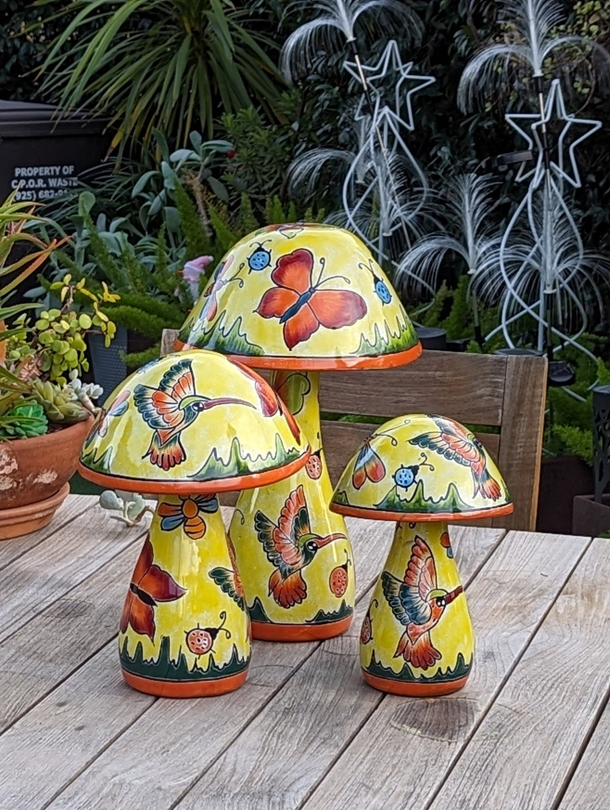 Pre-Order | Mushroom Garden Decor Yard Art is Ceramic Talavera Pottery Showcasing 3 Toadstools with Hummingbirds & Butterflies | Ships 3-25