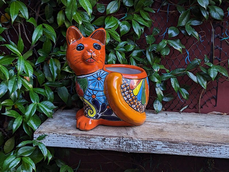 Talavera Cat Flower Pot, Ceramic Planter Home Decor, Indoor Outdoor Planter Pot, Mexican Pottery Yard & Garden Decor, Handmade