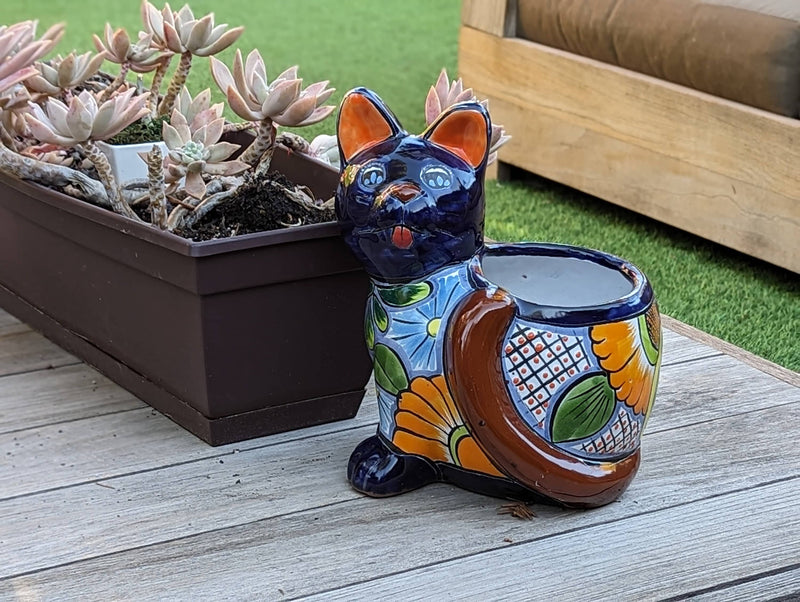 Talavera Cat Flower Pot, Ceramic Planter Home Decor is an Indoor or Outdoor Planter Pot | Yard & Garden Decor, Handmade Mexxican Pottery