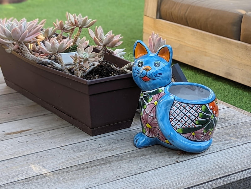 Talavera Cat Flower Pot, Ceramic Planter Home Decor is an Indoor or Outdoor Planter Pot | Yard & Garden Decor, Handmade Mexxican Pottery