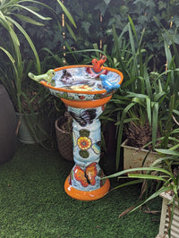 Bird Bath Garden Decor in Talavera Pottery  | Handmade Mexican Pedestal & Basin for Birds Doubles as Stunning Yard Art