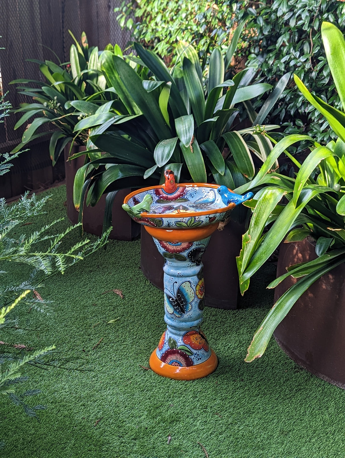 Bird Bath Garden Decor in Talavera Pottery  | Handmade Mexican Pedestal & Basin for Birds Doubles as Stunning Yard Art