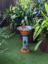 Bird Bath Garden Decor in Talavera Pottery  | Handmade Mexican Pedestal & Basin for Birds Doubles as Stunning Yard Art