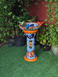 Bird Bath Garden Decor in Talavera Pottery  | Handmade Mexican Pedestal & Basin for Birds Doubles as Stunning Yard Art