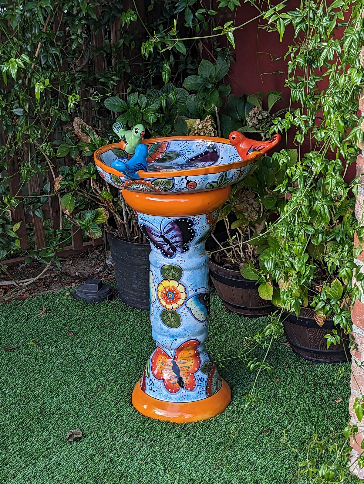 Bird Bath Garden Decor in Talavera Pottery  | Handmade Mexican Pedestal & Basin for Birds Doubles as Stunning Yard Art