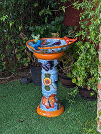 Bird Bath Garden Decor in Talavera Pottery  | Handmade Mexican Pedestal & Basin for Birds Doubles as Stunning Yard Art