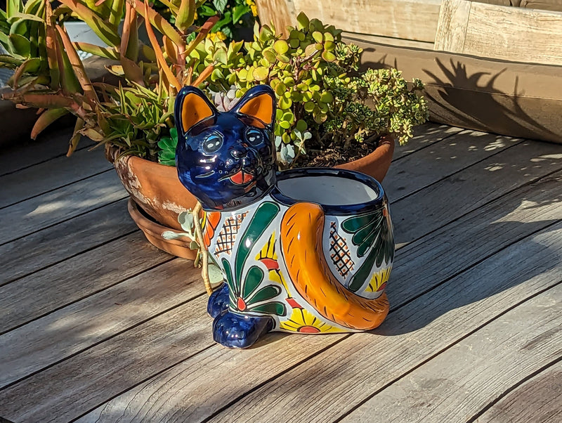 Talavera Cat Flower Pot, Ceramic Planter Home Decor is an Indoor or Outdoor Planter Pot | Yard & Garden Decor, Handmade Mexican Pottery