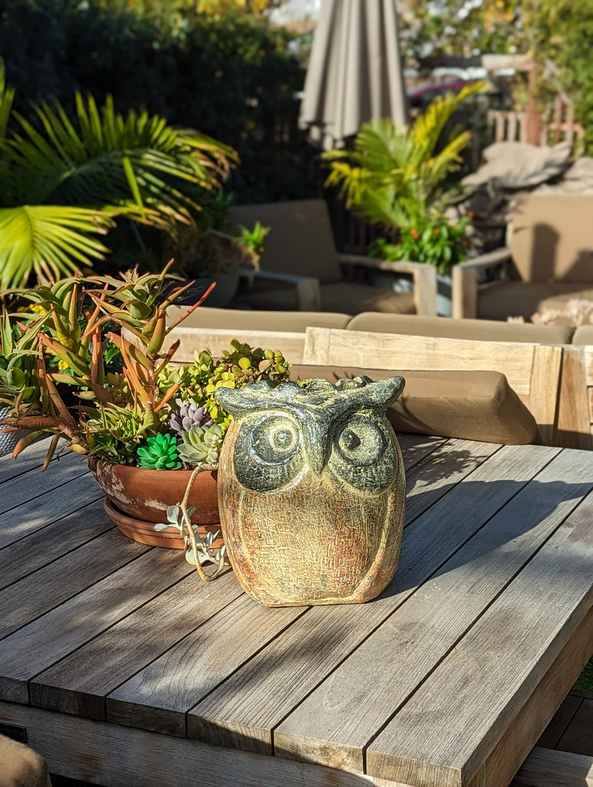 Owl Planter & Clay Flower Pot, Beige and Green, Mexican Pottery Home Decor Good for Indoor or Outdoor Decorations, Large Owl Pot