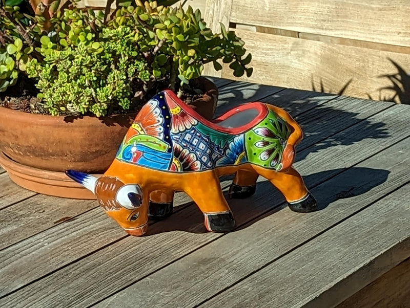 Talavera Bull Planter, Ceramic Mexican Planter Pot for Indoor Home Decor or Outdoor Garden Decor is also Exquisite Hand Painted Yard Art