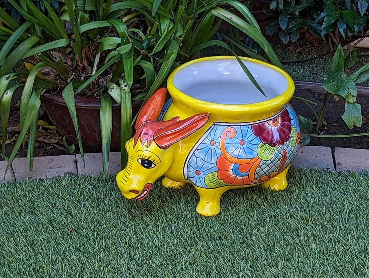 Talavera Donkey Planter is Hand Painted Ceramic Mexican Pottery | Colorful Planter Pot for Yard Art & Outdoor Garden Decor, Burro Flower Pot