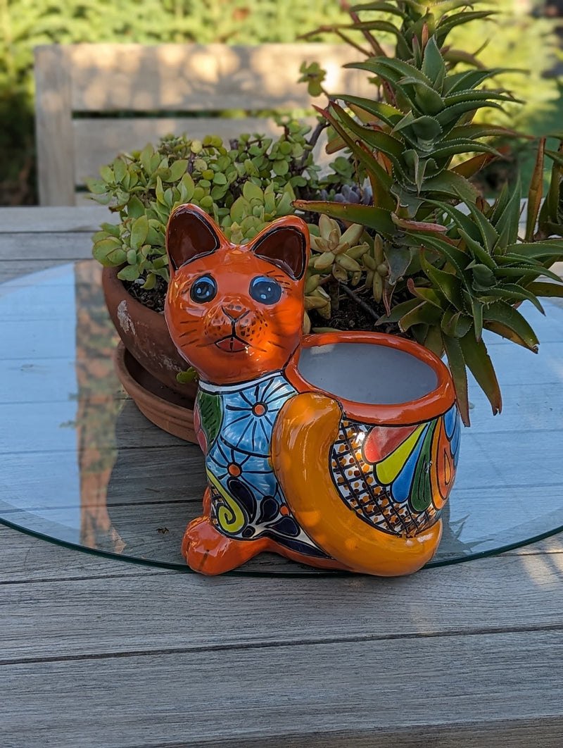 Talavera Cat Flower Pot, Ceramic Planter Home Decor, Indoor Outdoor Planter Pot, Mexican Pottery Yard & Garden Decor, Handmade