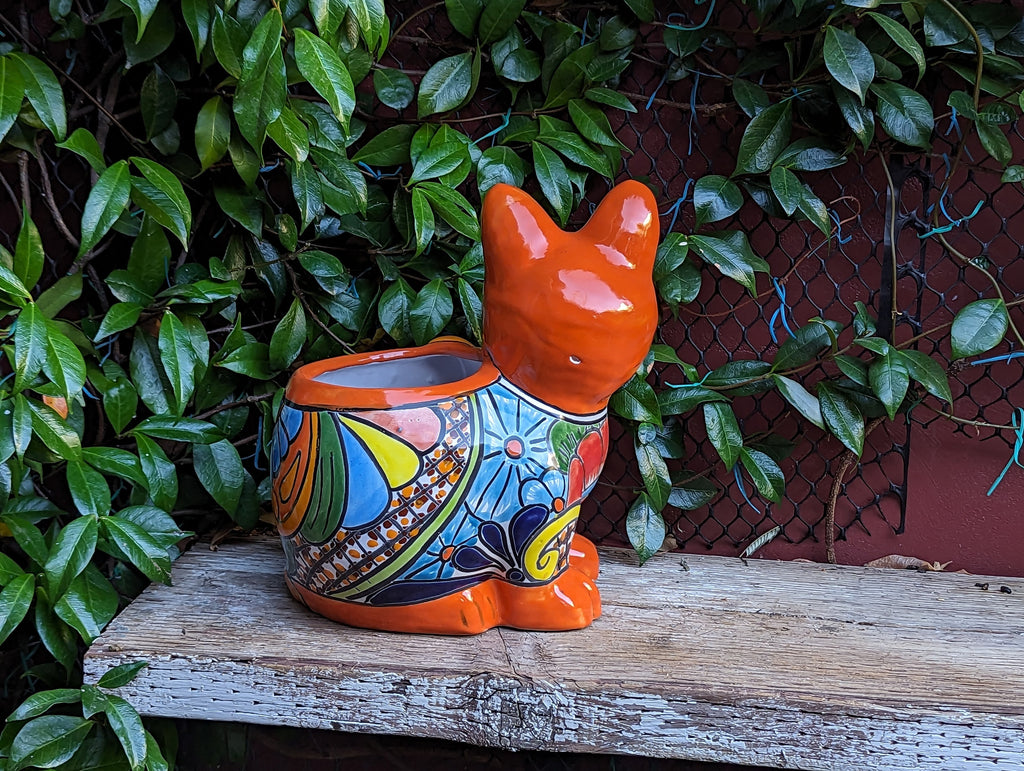 Talavera Cat Flower Pot, Ceramic Planter Home Decor, Indoor Outdoor Planter Pot, Mexican Pottery Yard & Garden Decor, Handmade