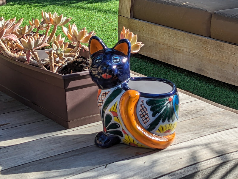 Talavera Cat Flower Pot, Ceramic Planter Home Decor is an Indoor or Outdoor Planter Pot | Yard & Garden Decor, Handmade Mexican Pottery