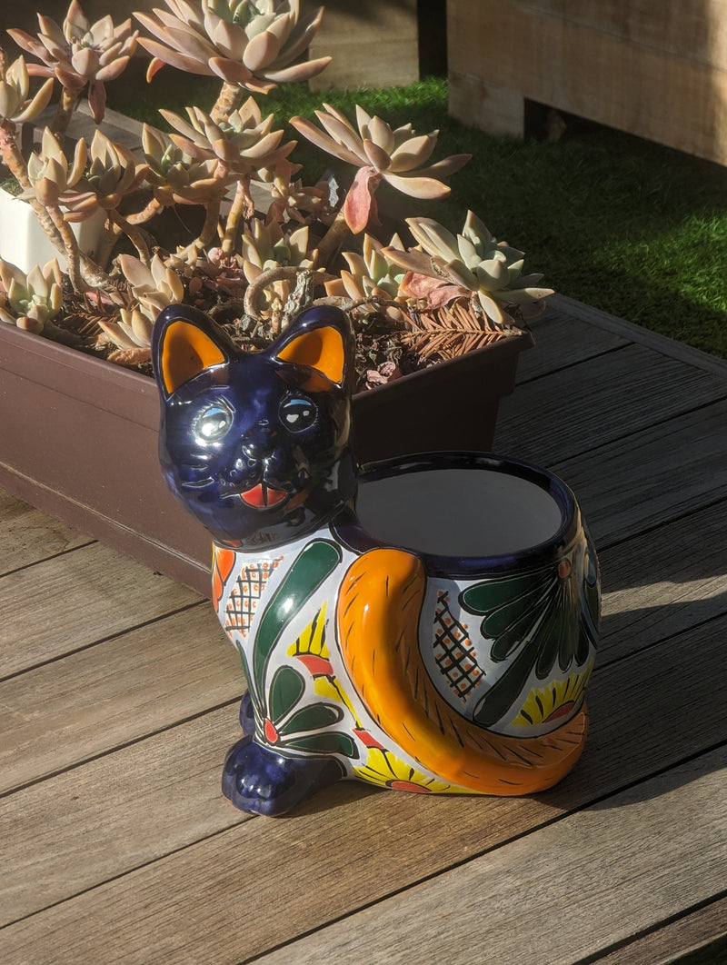 Talavera Cat Flower Pot, Ceramic Planter Home Decor is an Indoor or Outdoor Planter Pot | Yard & Garden Decor, Handmade Mexican Pottery