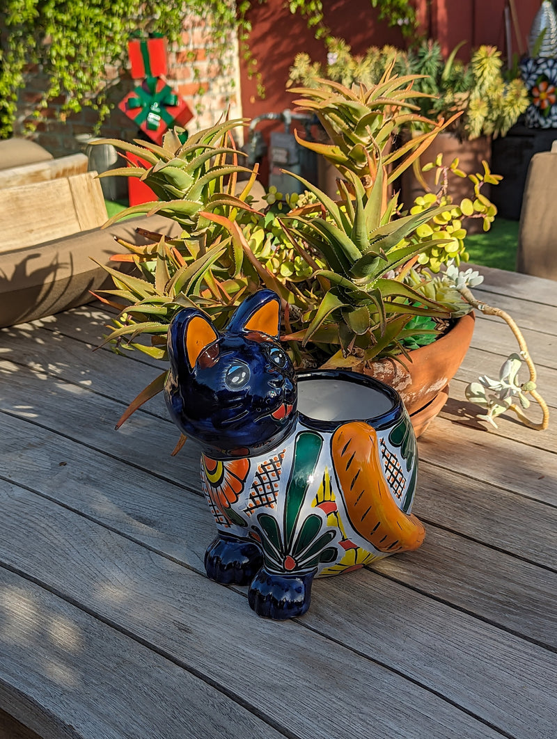 Talavera Cat Flower Pot, Ceramic Planter Home Decor is an Indoor or Outdoor Planter Pot | Yard & Garden Decor, Handmade Mexican Pottery