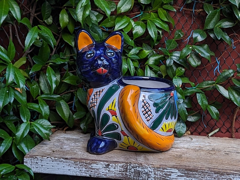 Talavera Cat Flower Pot, Ceramic Planter Home Decor is an Indoor or Outdoor Planter Pot | Yard & Garden Decor, Handmade Mexican Pottery