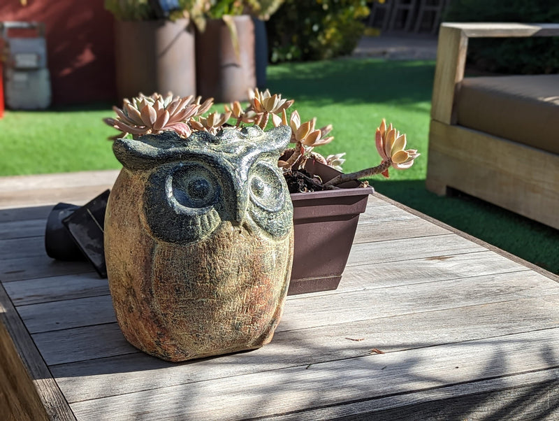 Owl Planter & Clay Flower Pot, Beige and Green, Mexican Pottery Home Decor Good for Indoor or Outdoor Decorations, Large Owl Pot