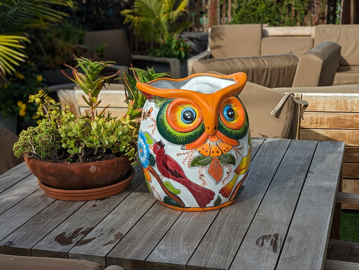 Pre-Order | Ceramic Owl Planter is a Gorgeous Talavera Flower Pot Bursting with Birds & Color | Use as Outdoor Garden Decor | 14" Tall
