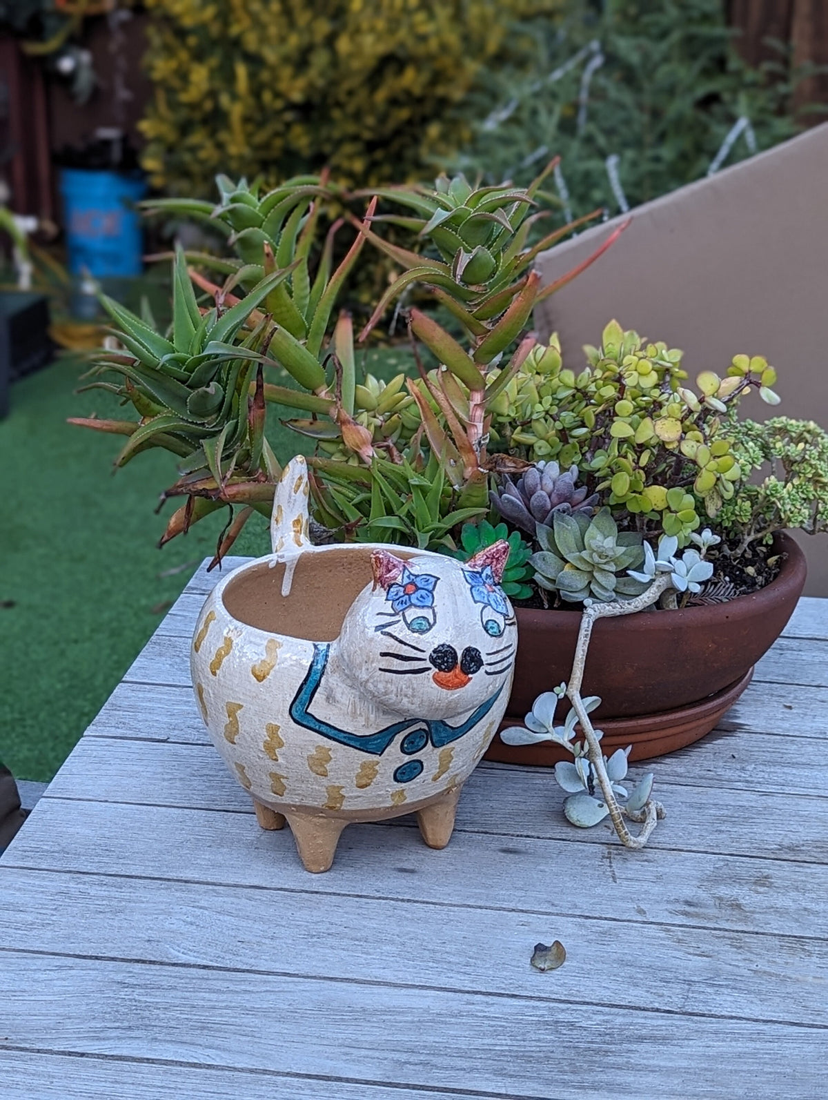 Fat Cat Planter, Ceramic Flower Pot, Handmade Mexican Pottery from Atzompa, Mexico, Home Decor, Indoor or Outdoor Decor, Charming Plant Pot