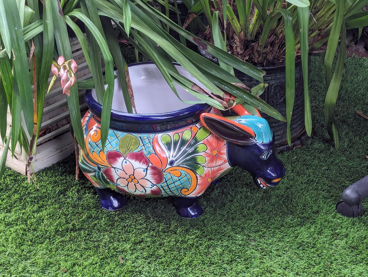 Talavera Donkey Planter is Hand Painted Ceramic Mexican Pottery | Colorful Planter Pot for Yard Art & Outdoor Garden Decor, Burro Flower Pot
