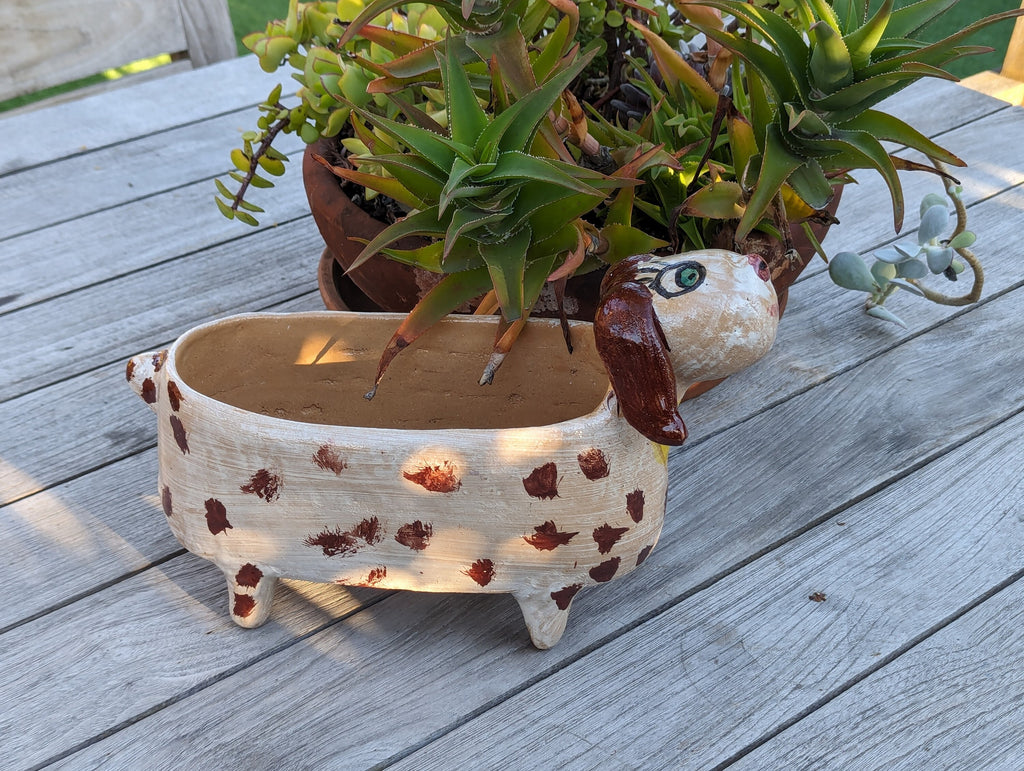 Happy Dog Planter and Flower Pot | Handmade Mexican Pottery from Atzompa, Mexico, Indoor or Outdoor Home or Yard Decor, Terracotta Pot