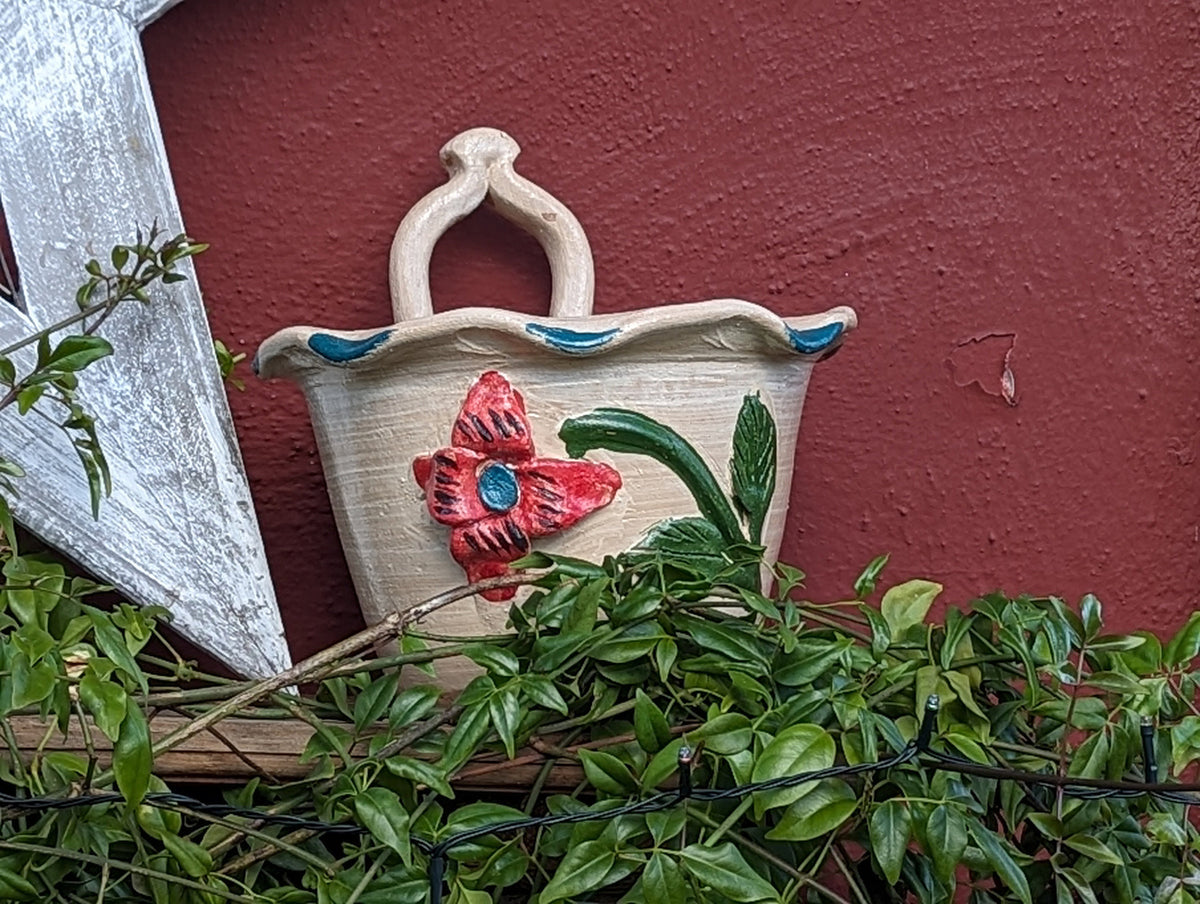 Floral Planter, Handle Flower Pot | Handmade Mexican Pottery from Atzompa, Mexico, Indoor or Outdoor Home or Yard Decor, Ceramic Plant Pot