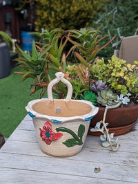 Floral Planter, Handle Flower Pot | Handmade Mexican Pottery from Atzompa, Mexico, Indoor or Outdoor Home or Yard Decor, Ceramic Plant Pot